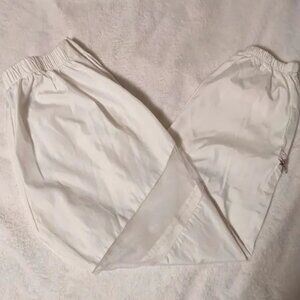 White Cropped Contemporary Asian Style Pants W/ Elastic Waistband & Zipper Knees